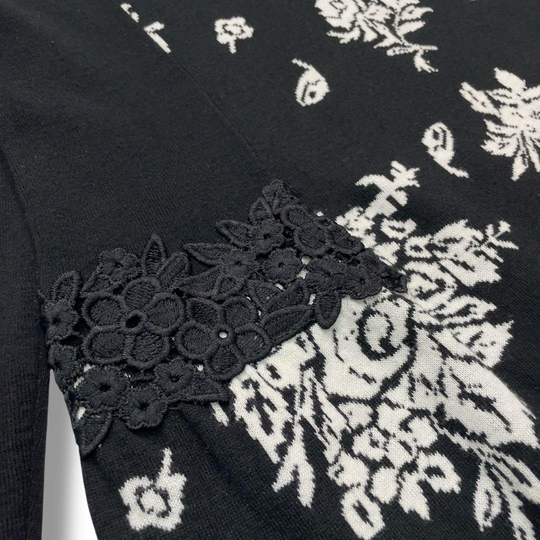 美品 スーパービューティー 花柄 ジャガード ビジュー ニットワンピース 42