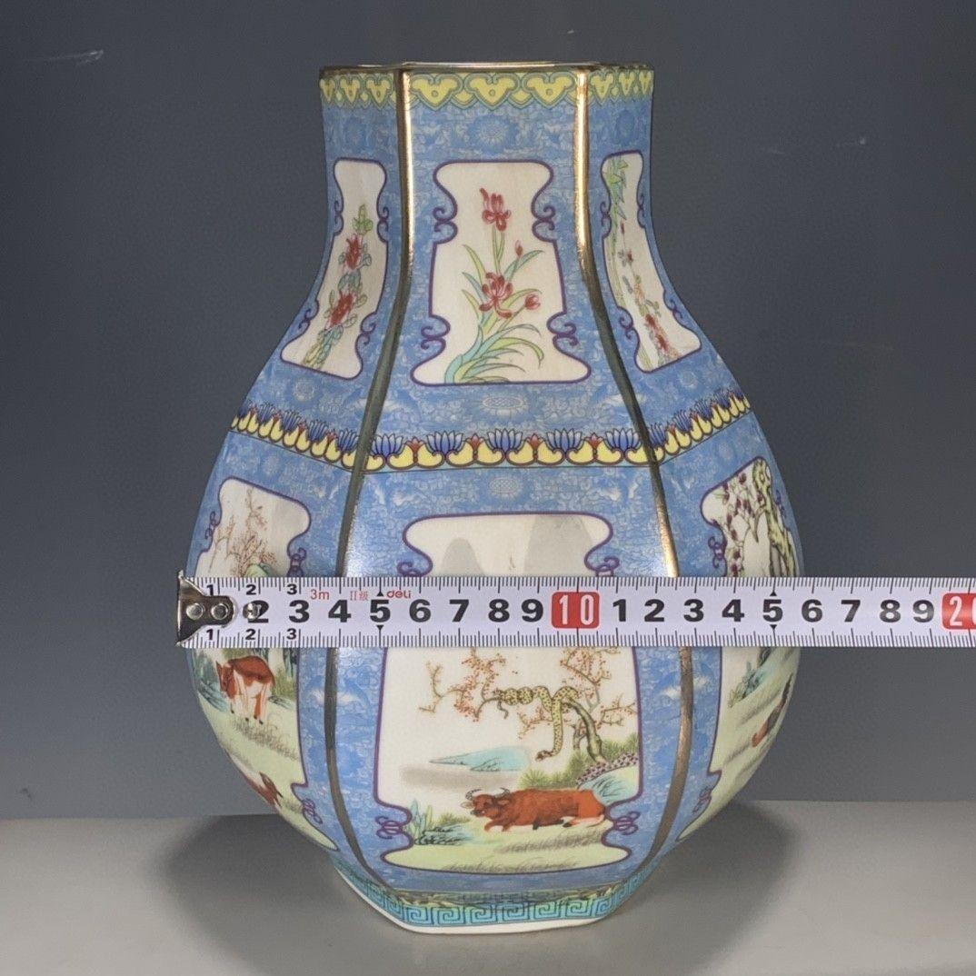 清代パステル蒔絵十二支六角尊瓶 景徳鎮 陶磁器 装飾品 現代工芸品美術品 置物