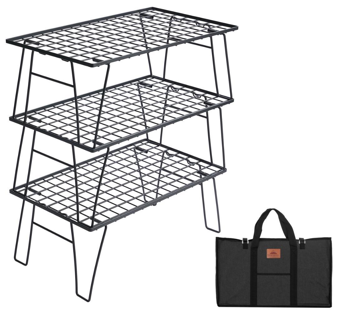 3段スチールラック ブラック フィールドラック 軽量 薄型 3点 収納付き