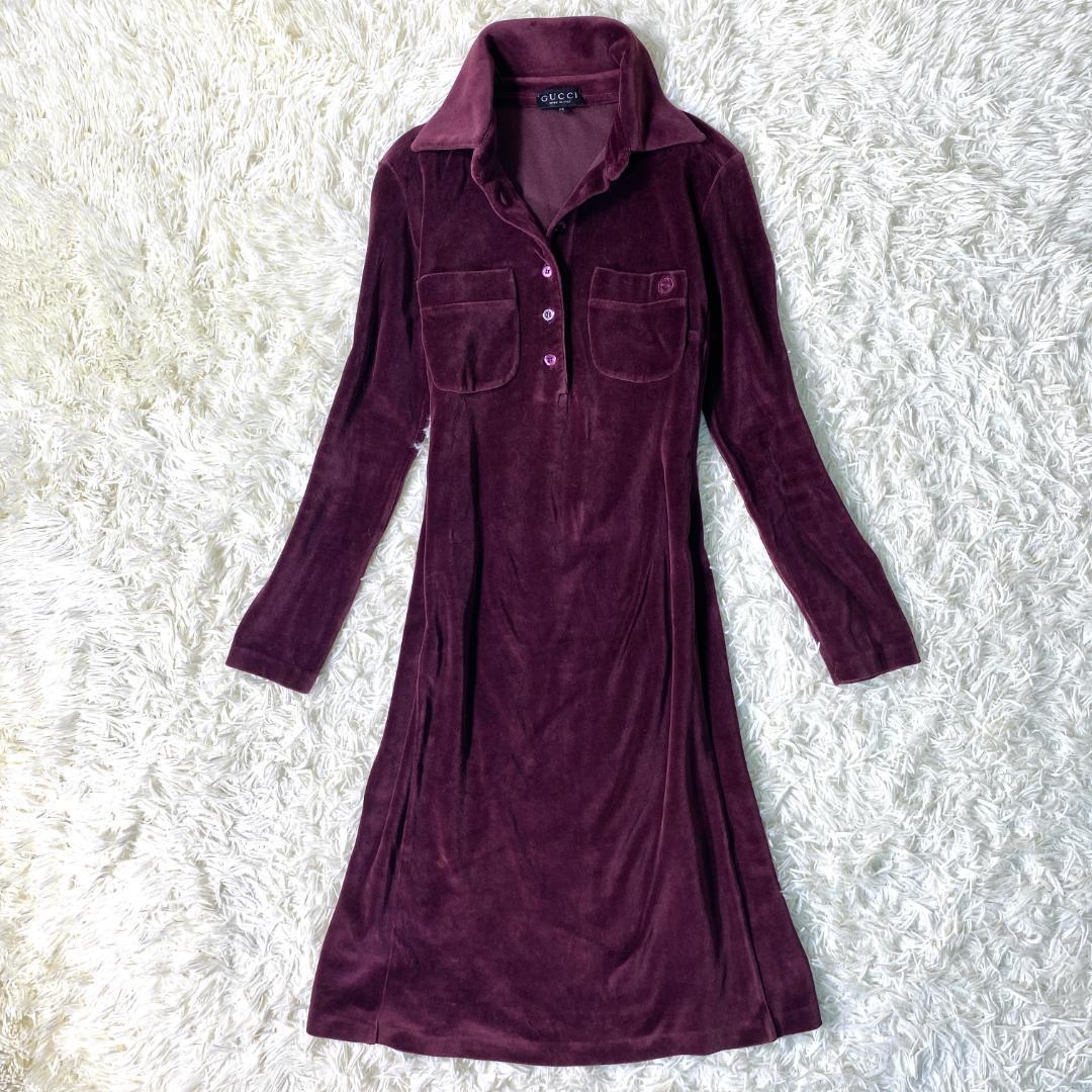 希少 GUCCI グッチ ロゴ刺繍 ロング ワンピース ベロア ベルベット