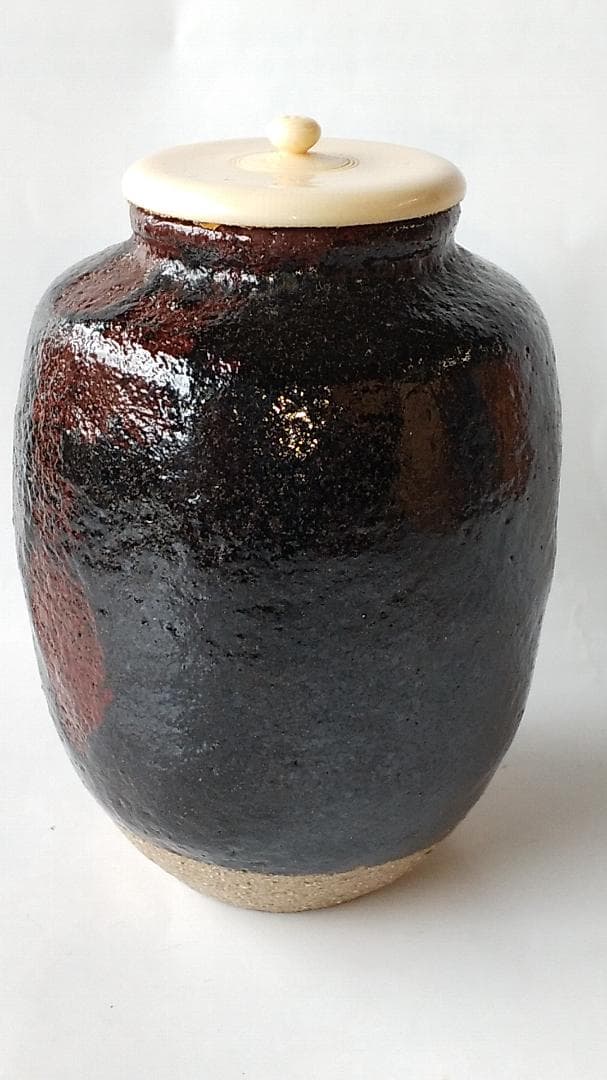 希少品 楽焼 吉村楽入 作 黒楽 茶入 仕覆 鶏頭大燈古金襴 茶道具 共箱 新品