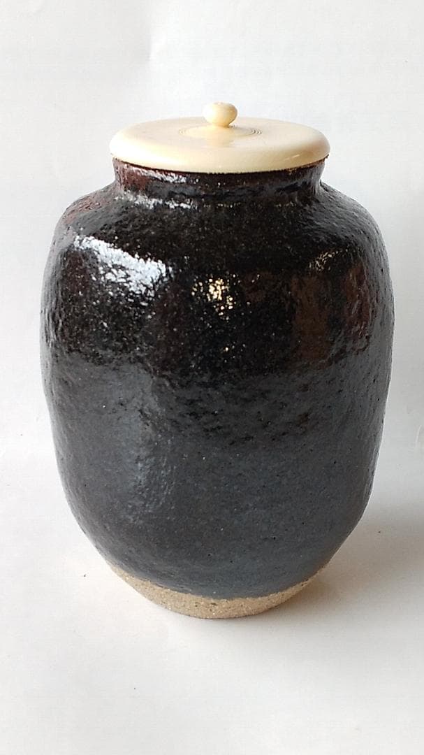 希少品 楽焼 吉村楽入 作 黒楽 茶入 仕覆 鶏頭大燈古金襴 茶道具 共箱 新品