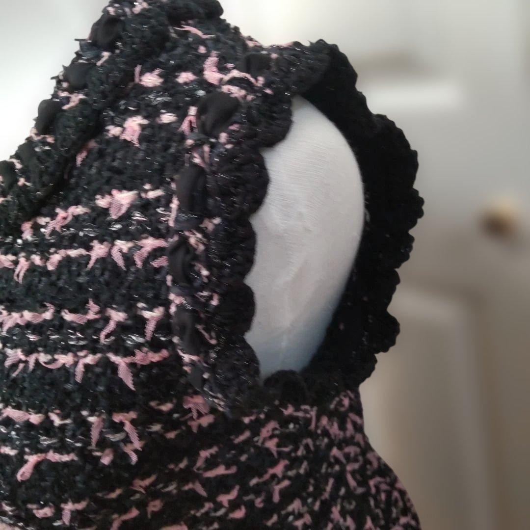 Rene ノースリーブツィードニットワンピース 黒とピンクツイード 34