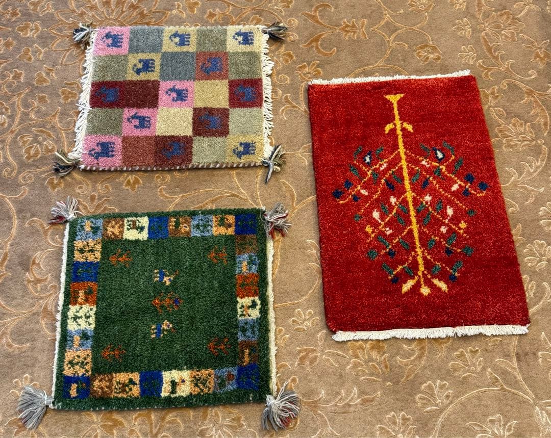 光*様 イラン製 手織りギャッベ 3枚セット 緑×ベージュ×赤 幸せの木 ウール