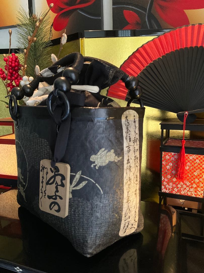 一閑張り　一閑張りバッグ　古文書　和紙　兎　月兎　大正　和本　歌集　着物