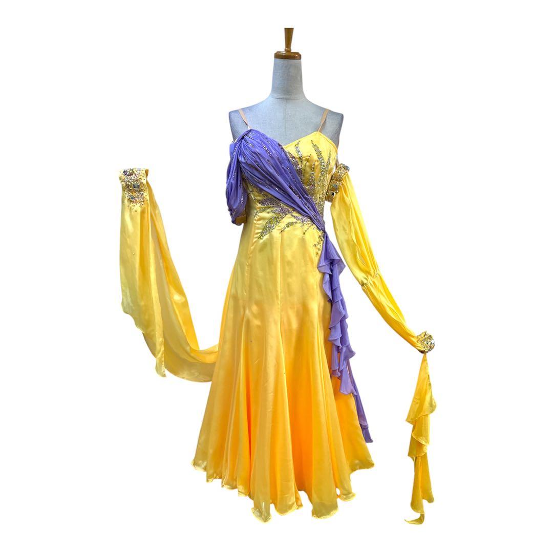 6338★ジャンティ★M 黄色 サテン スワロ スタンダード ドレス社交ダンス