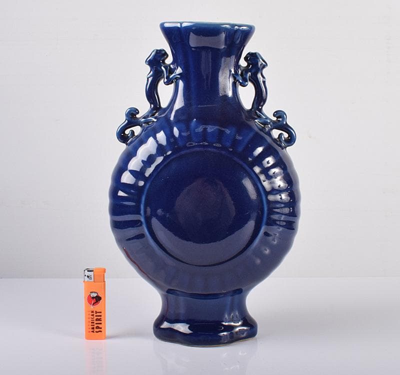 中国　大清康煕年製　瑠璃釉　双耳扁壷　M　R3690C