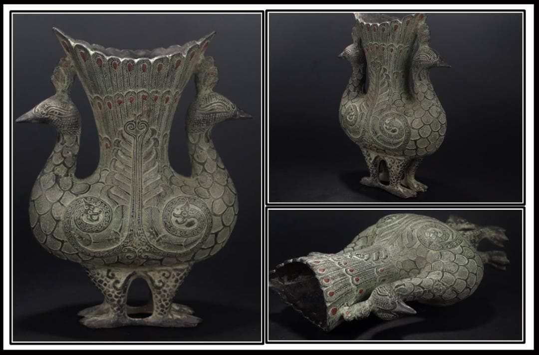 社長贓品　唐物　中国西周　青銅製孔雀花瓶　※激安骨董品 AK465A7-3