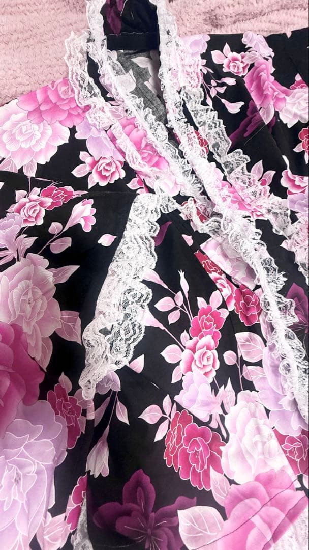浴衣ドレス 姫ギャル 地雷系 大人用 浴衣レース付き 花柄 黒 ピンク