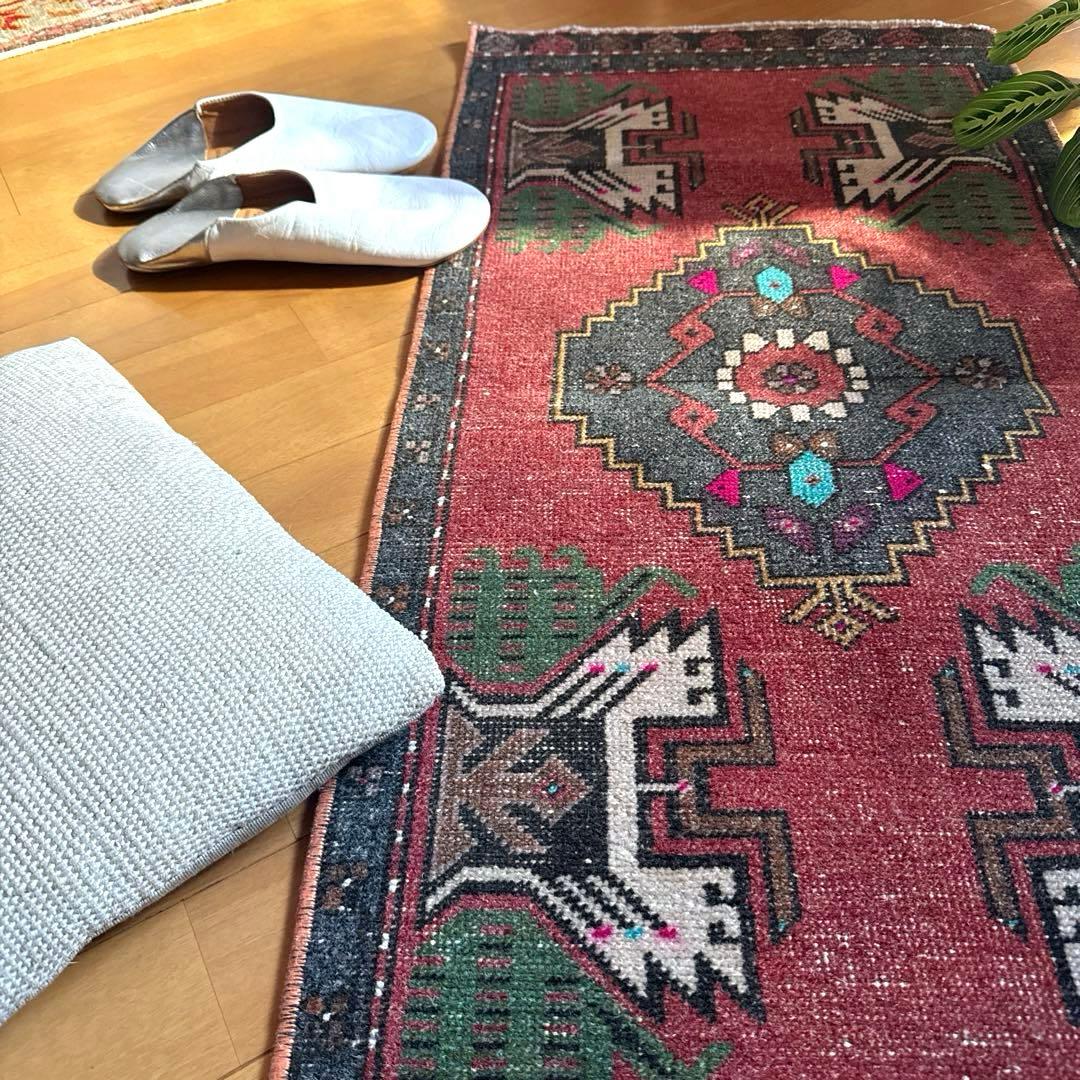 48×102 深みある赤茶色×グレイ　メダリオン　トルコヴィンテージラグ