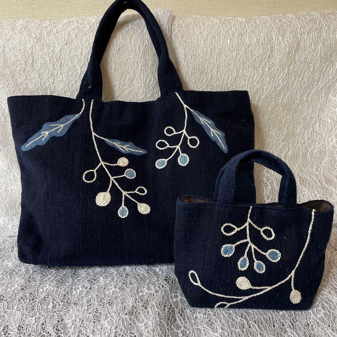 徳島藍染・藍染作家さん 手作り・刺繍付き藍染トートバッグ大小セット