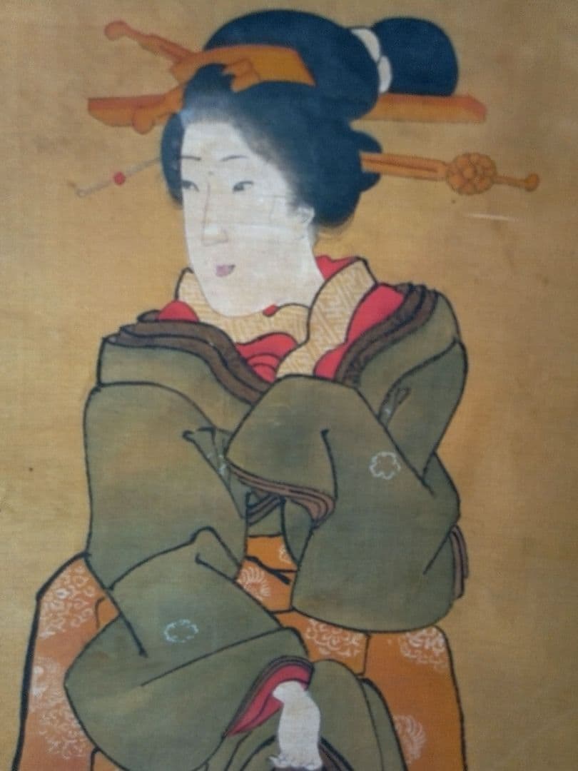 掛け軸、浮世絵美人画絹本、小磯崎雪窓画(浮世絵名歌川芳秀）