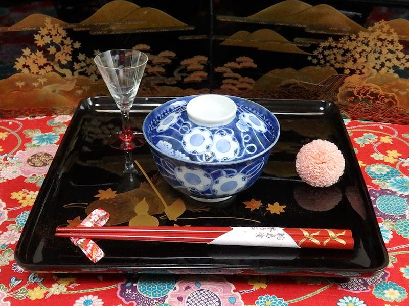 古伊万里　染付　鼓に調緒の図　蓋茶碗　江戸期　E213AS-CHl