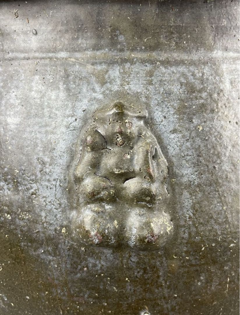 鹿児島旧家蔵出し古薩摩 大瓶 七福神 布袋 張付文 甘酒半胴 薩摩焼 花瓶 飾壺