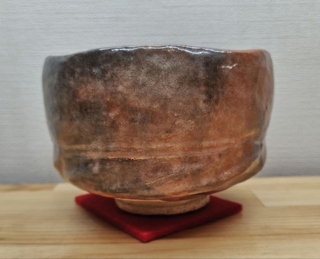 送料込【逢絢亭】茶道具 茶碗 楽焼 赤楽 ２代小川長楽 共箱入り