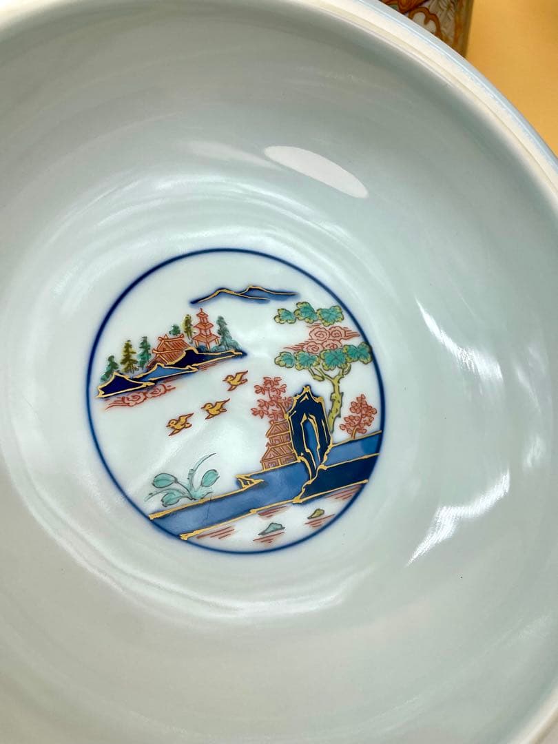 【新品未使用】有田焼 幸楽窯 古伊萬里　色絵山水　金彩 三段重　木箱付き