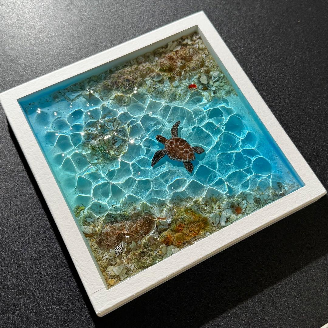 レジンアート オーシャンアート ウミガメ ホヌ 海 アート 波紋 アートパネル