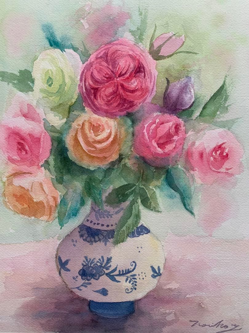 透明水彩画原画一点物デルフト焼きの花瓶と春の精②