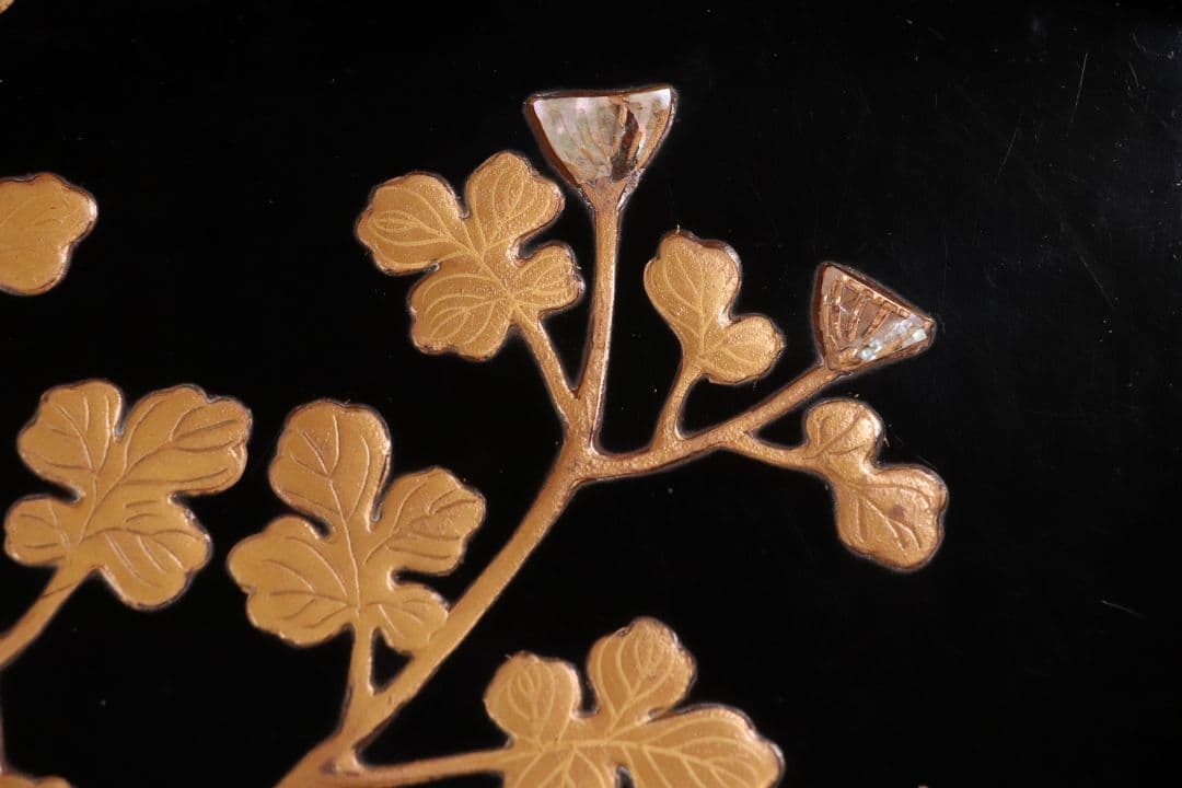 時代 光琳蒔絵 脇取盆 二枚 螺鈿 菊 金銀蒔絵 長方盆 広蓋 黒塗 MA404