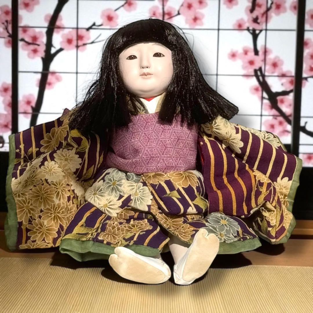 市松人形 松乾斎東光 紫 縮緬 花柄 菊 着物 ガラス 銘 印 三折れ 日本人形