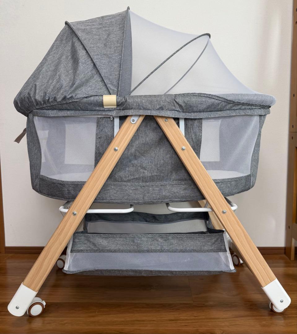 折りたたみ式ベビーベッド 収納かご付き グレー コンパクト