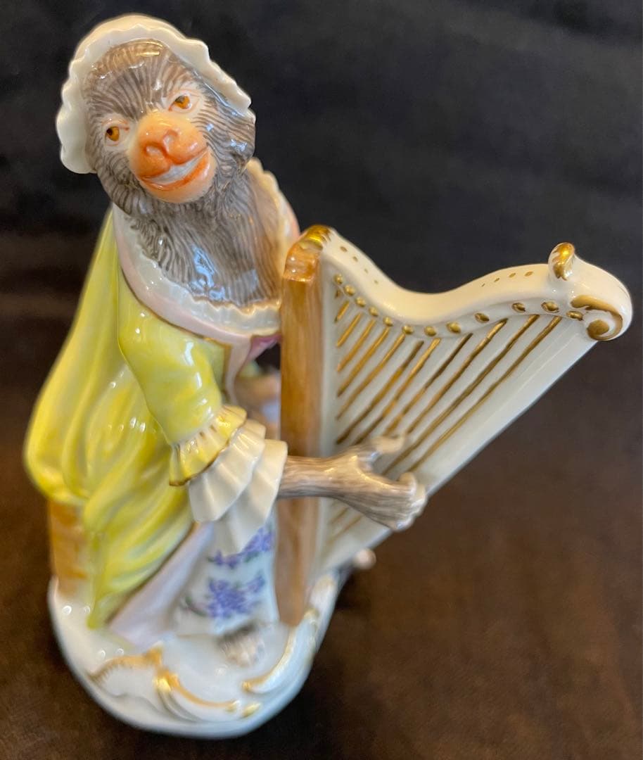 【美品】マイセン 猿の楽団 ハープ イエロー/ピンクドレスフィギュリン 1級品