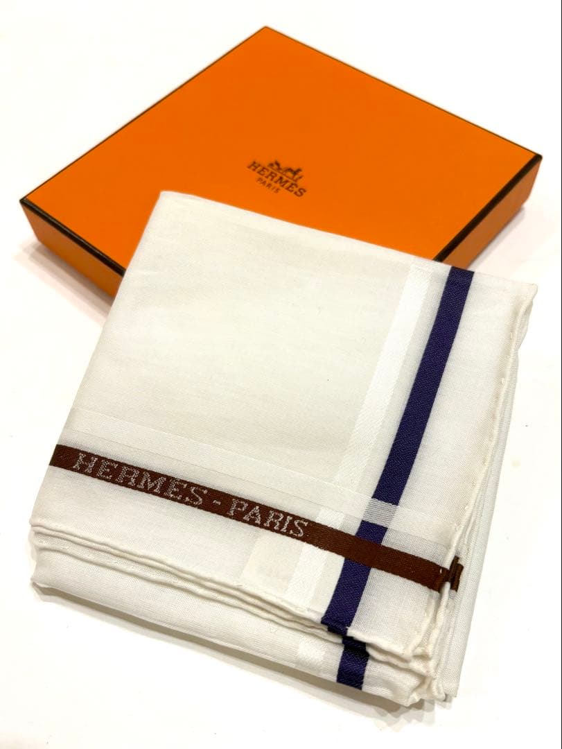 新品未使用☆エルメス　ハンカチ　ロゴ　ボーダー　スカーフ　コットンスカーフ美品