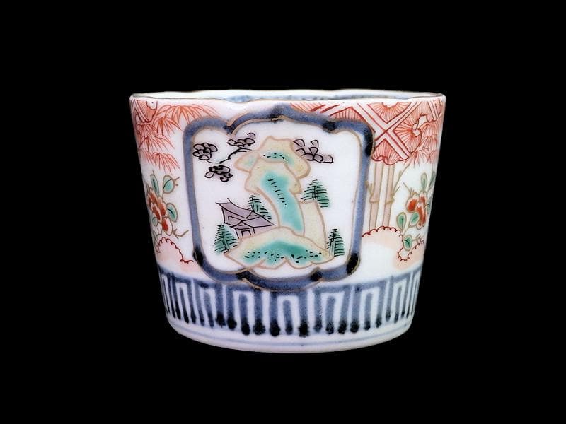 古伊万里　色絵　窓絵　岩に東屋　笹に花の図　蕎麦猪口　351AS-fbmr