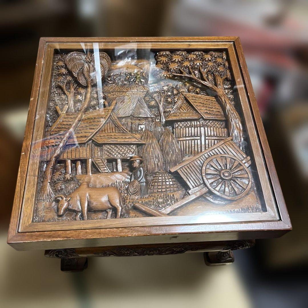 レトロ アジアン民芸 木彫り彫刻 サイドテーブル