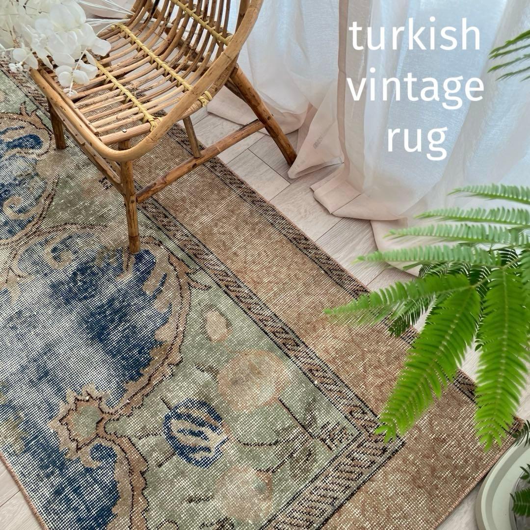 デニムブルー✳︎72×188 ベージュ　ロング　ランナー　トルコヴィンテージラグ