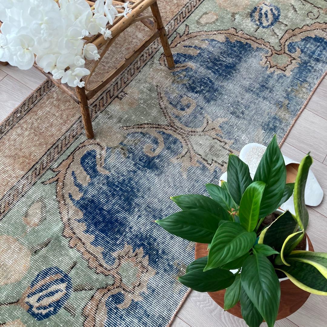 デニムブルー✳︎72×188 ベージュ　ロング　ランナー　トルコヴィンテージラグ