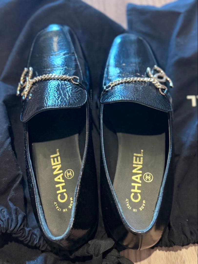 CHANEL レザー ローファー チェーン CCロゴ ブラック サイズ37C