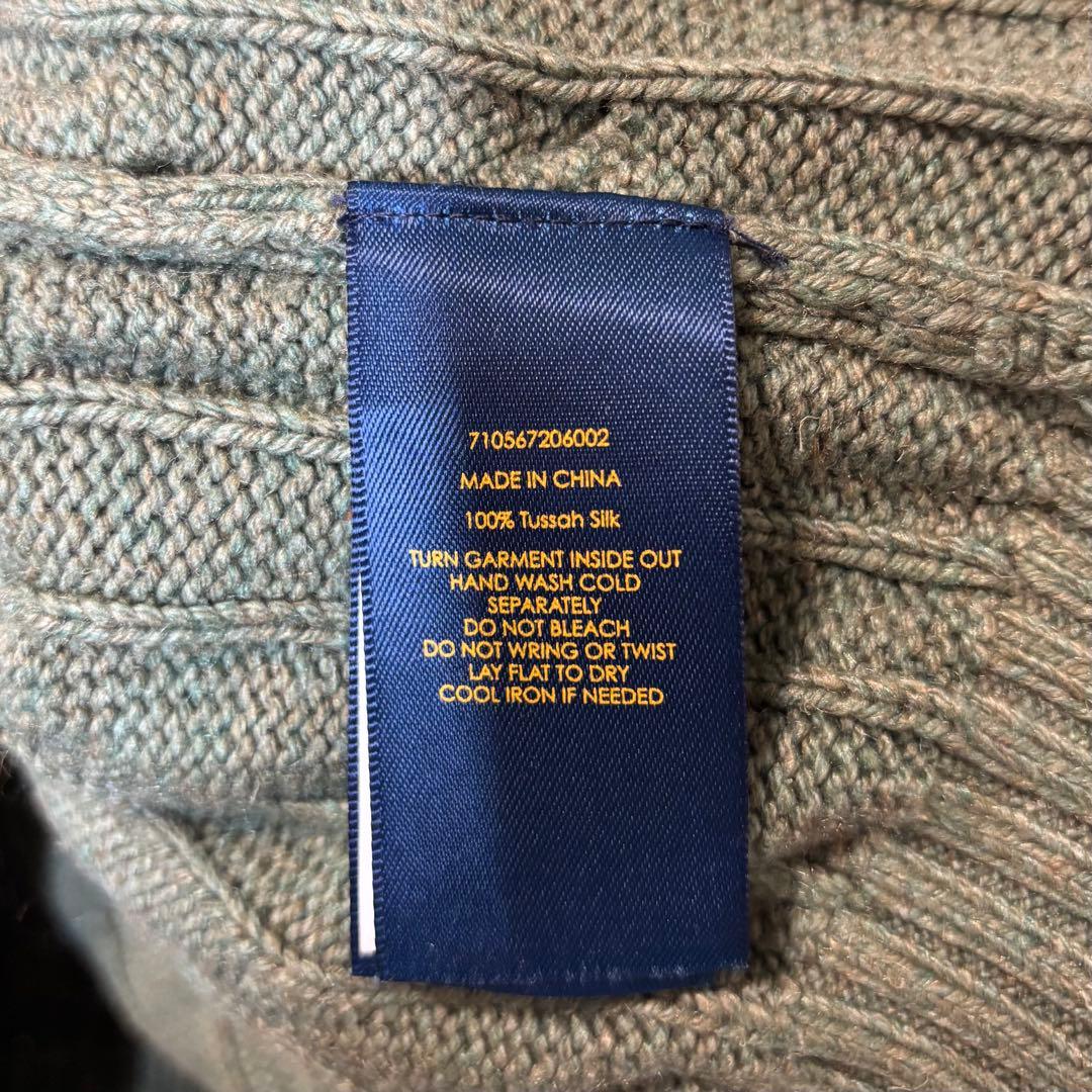 ポロラルフローレン シルク100% ケーブルニットセーター ロゴ刺繍 カーキ M