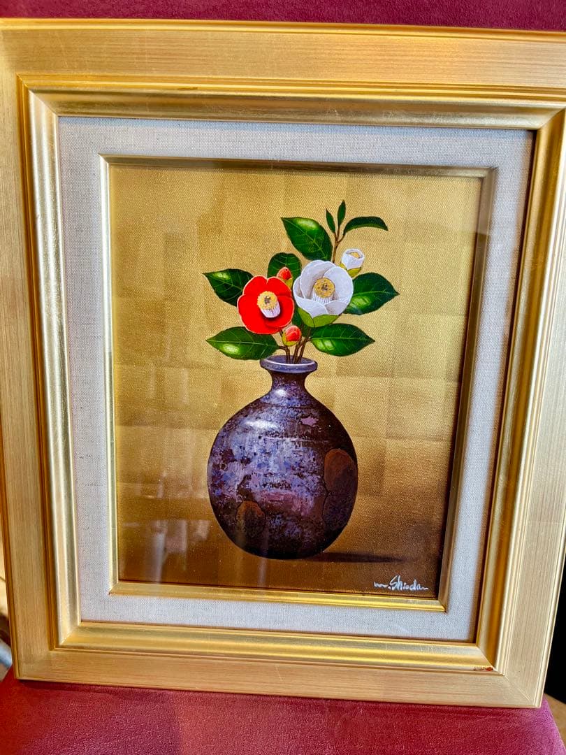 塩田満男画伯　真筆　【椿3号】開運花絵　油絵