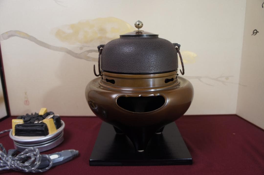 専用☆唐銅朝鮮風炉釜 南鐐(銀)摘み唐銅蓋 釜鐶 410W電熱器 敷板送料込み