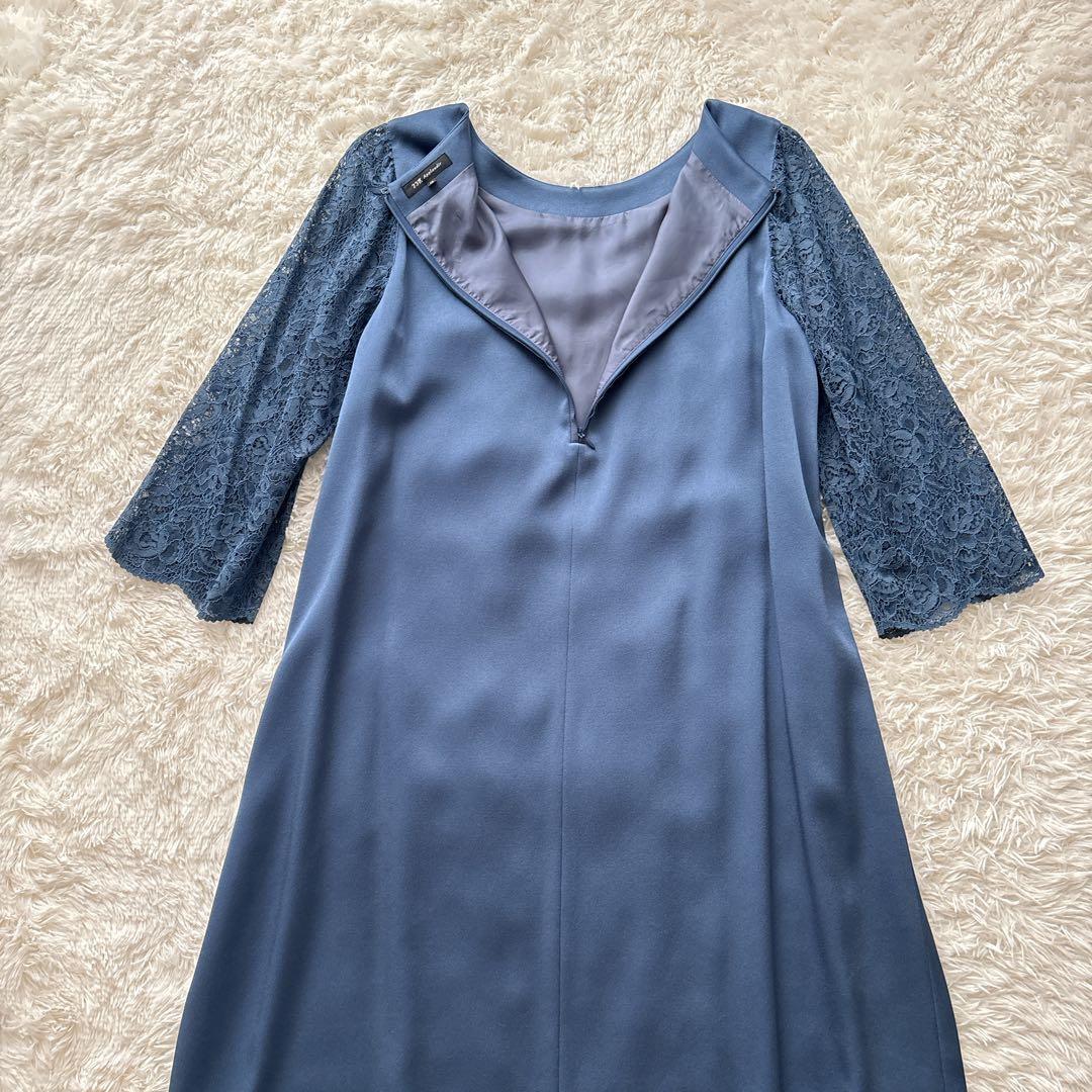 【美品】23区 袖レース 長袖ワンピース　ブルー 光沢 46 大きいサイズ