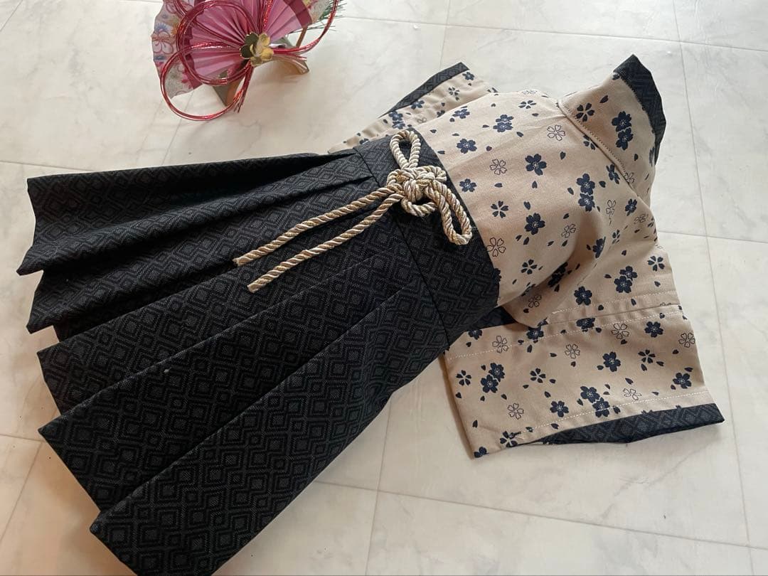 fumi s わんちゃ袴の着物オーダー作成　流れ桜/鹿の子柄袴　紫　計２着