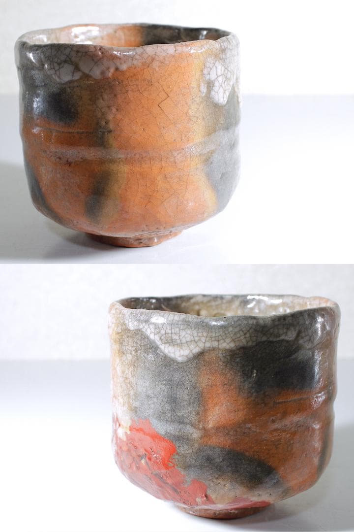 四代 清水六兵衛(1848-1920) 赤楽 紅葉漆絵 筒茶碗