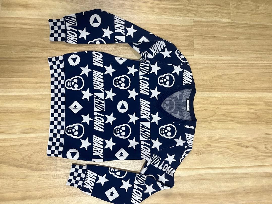 MARK & LONA ネイビー スカル 星 プリント 薄手セーター