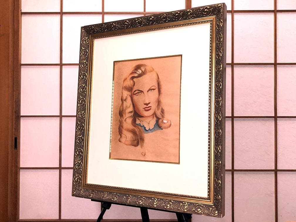 小磯良平 『ブロンド女性肖像画』　肉筆水彩　額装