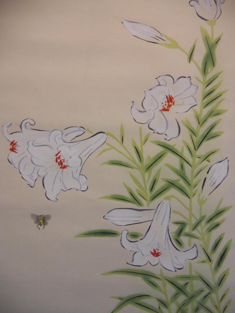 掛け軸 英友 百合と芥子に雀 絹本 希少 軸装 茶道具 掛軸 美品 です。