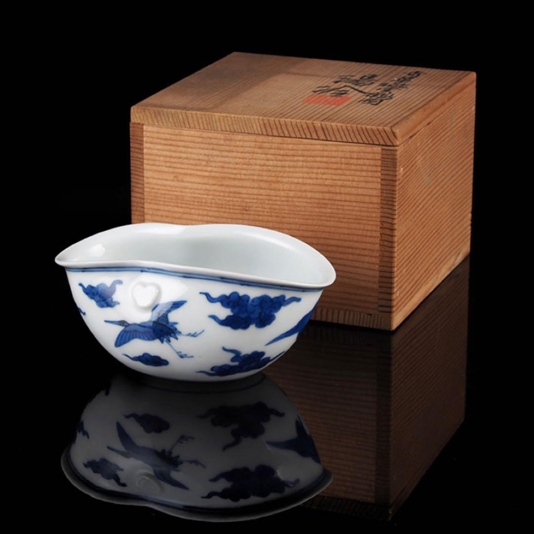 帝室技芸員 三代 清風 与平 造 青華磁 雲鶴図 煎茶 湯冷 四代 清風 識箱