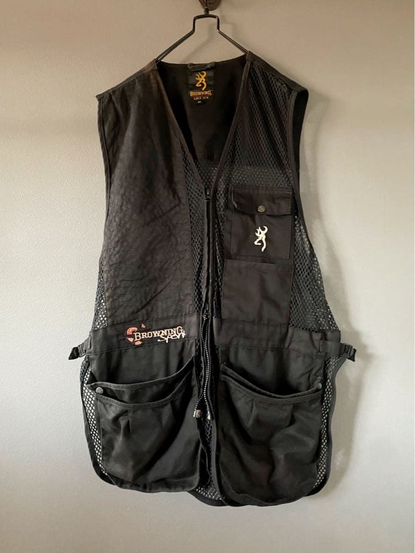 古着 ビンテージ 80s フィッシング ベスト黒 刺繍 XXL ミリタリー 希少