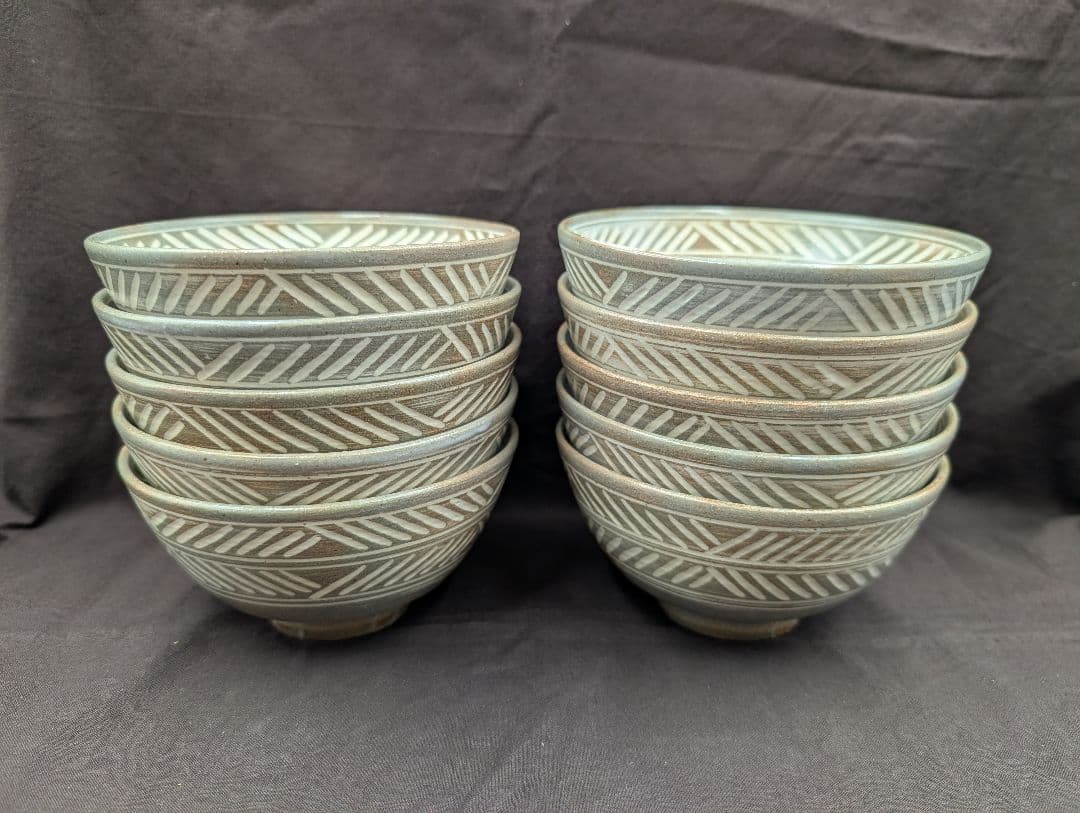 彫三島数茶碗10客楽山窯