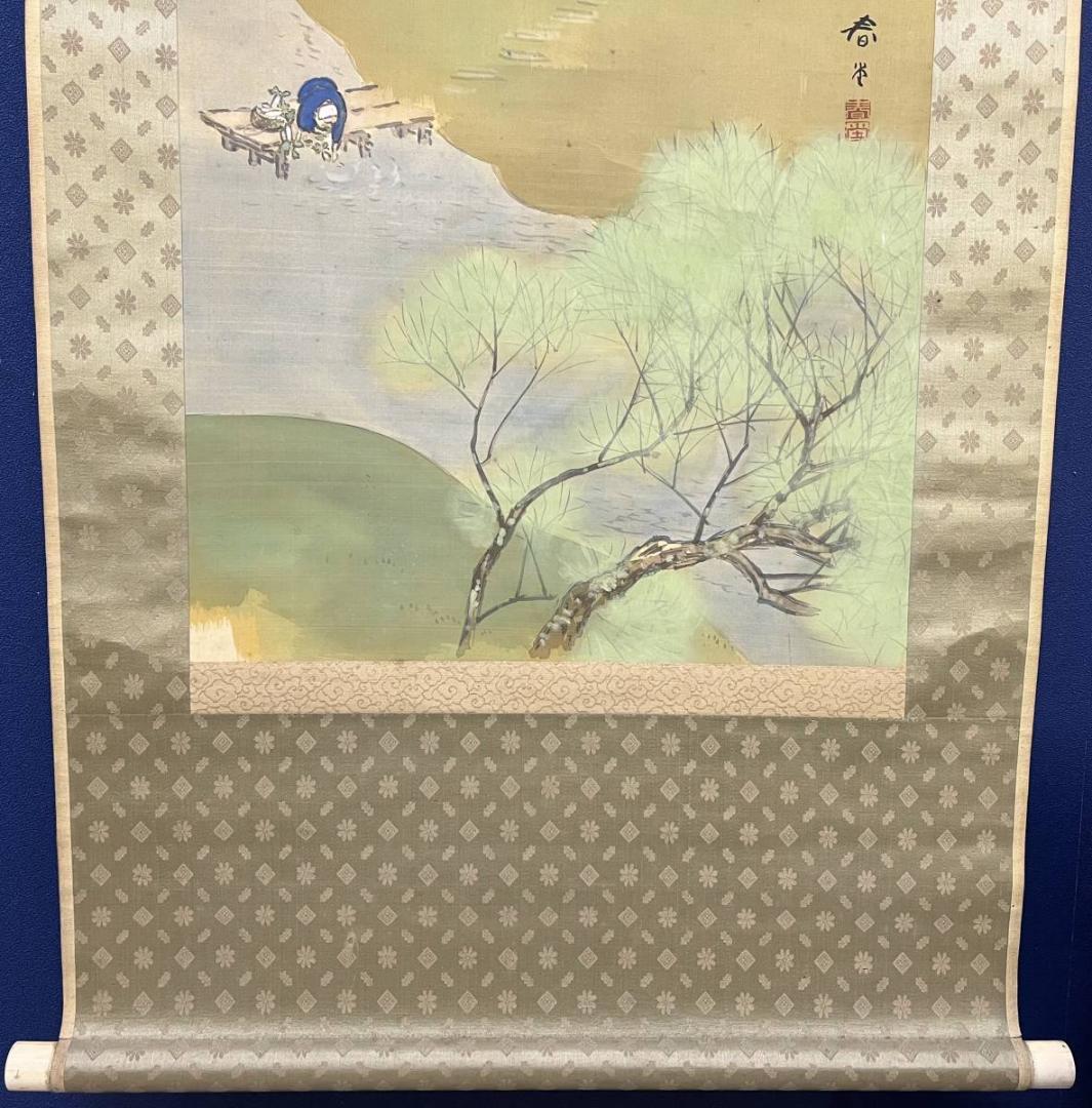 真作/春堂/田家之春図/人物/絹表装/布袋屋掛軸A-332