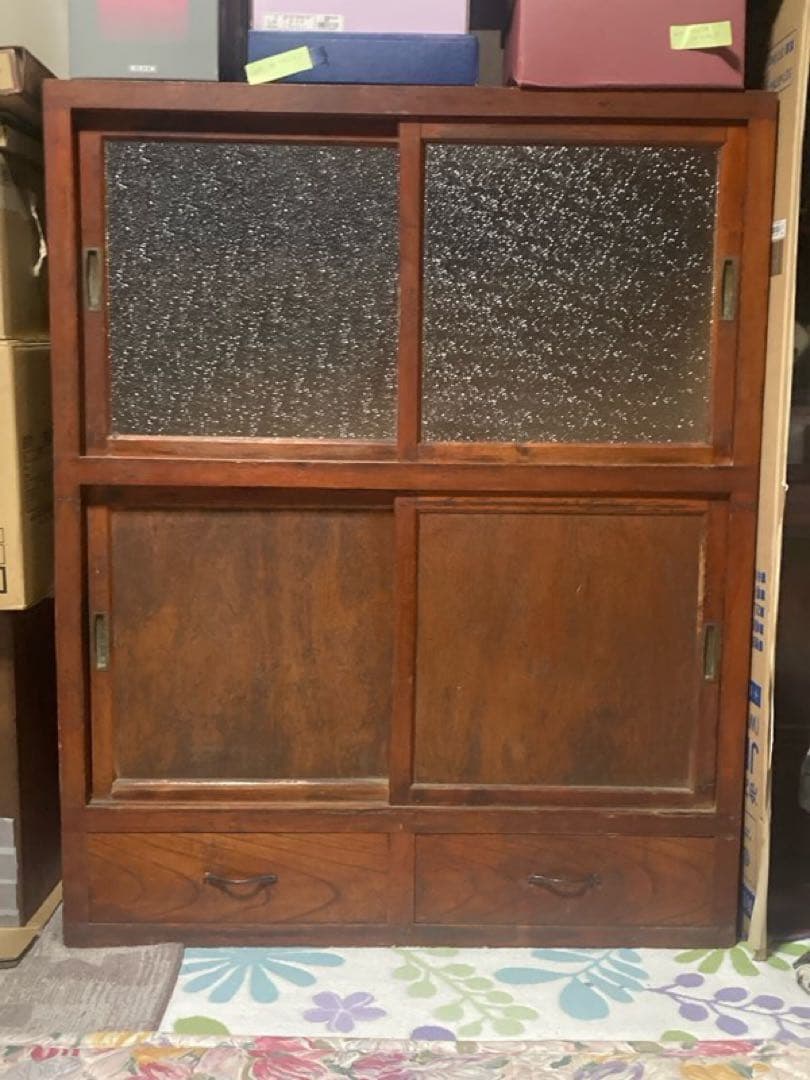 当時物　食器棚 ダイヤガラス　昭和レトロ　水屋箪笥　約87×43×h107cm