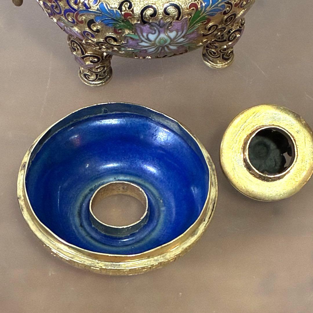 中国美術　三つ脚　七宝焼香炉　金彩唐蓮花紋　景泰藍　耳輪　獅子　アンティーク