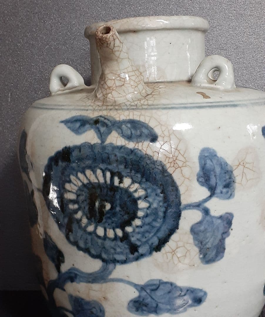 【本物保証❗️】中国古美術　中国古陶磁　古玩　明朝明代　青華　花図　注口付　大壺