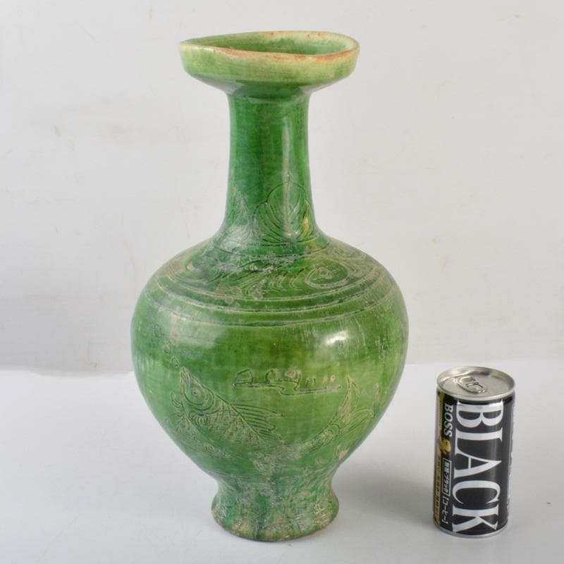 中国　漢緑釉　魚藻文　碗口瓶　花瓶　V　6554C