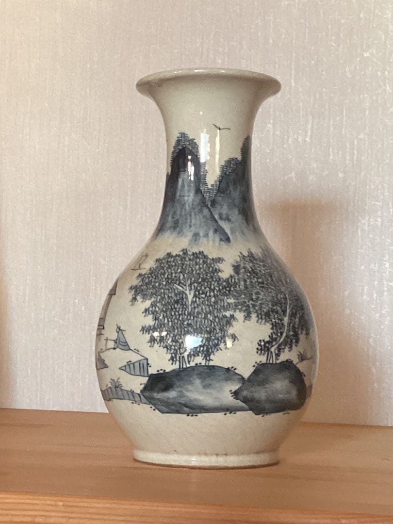 時代物　湖東焼　漢詩染付風景図　花瓶　古陶磁　高さ約20.5cm×幅約15cm